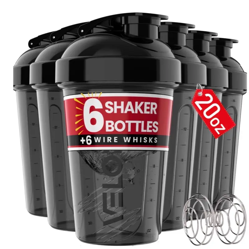 VELOMIX -6 PACK- 20 OZ Protein Shaker Bottles for Protein Mixes Shaker Cups for Protein Shakes Small Shaker Bottle Pack Shaker Cup Shakers for protein Shakes (20 OZ - 6 PACK BLACK)