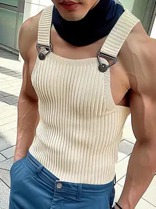 Men's Solid Color Knitted Sleeveless Button Tank Top, Streetwear Casual Square Collar Suspender Vest for Summer Gym Workout, Fashion Men's Clothes for Daily Wear, Solid Tank Tops