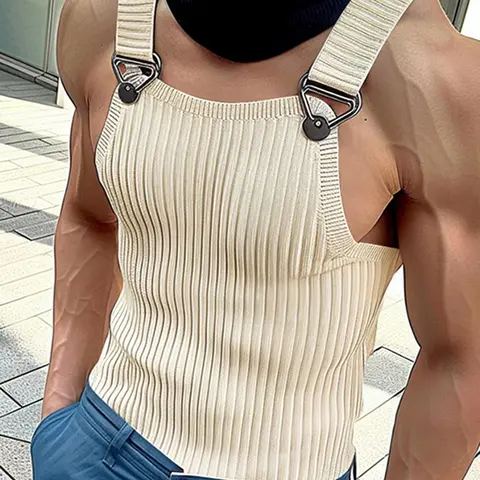 Men's Solid Color Knitted Sleeveless Top, Streetwear Casual Square Collar Suspender Vest for Summer Gym Workout, Fashion Men's Clothes for Daily Wear, Solid Tank Tops, Muscle Fit