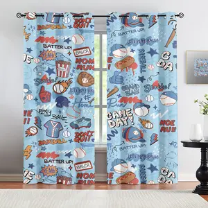 Trendy Baseball Graffiti Curtains, Hip Hop Sports Doodle Window Drapes,  "Let's Play Ball" & "Strike" Print Light Blocking Curtain Set for Teens Bedroom Decor, Noise Reduction Insulation, 2 Piece Set