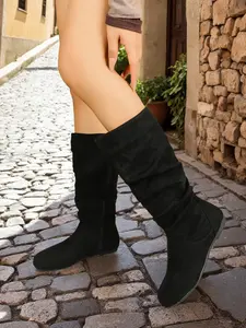 Women's Mid-Calf Boots Fall Winter New Side Zipper Ruched Rubber Pile Sole Velvet Western Boots, Stylish and Comfortable Fashion Footwear