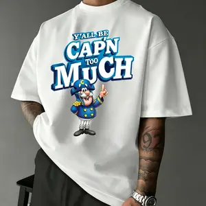 Trending "Y'all Be Cap'n Too Much" Cap'n Crunch Mascot Graphic T-Shirt, Funny Play-On-Words Meme Aesthetic Oversized Streetwear Tee, Casual White Top