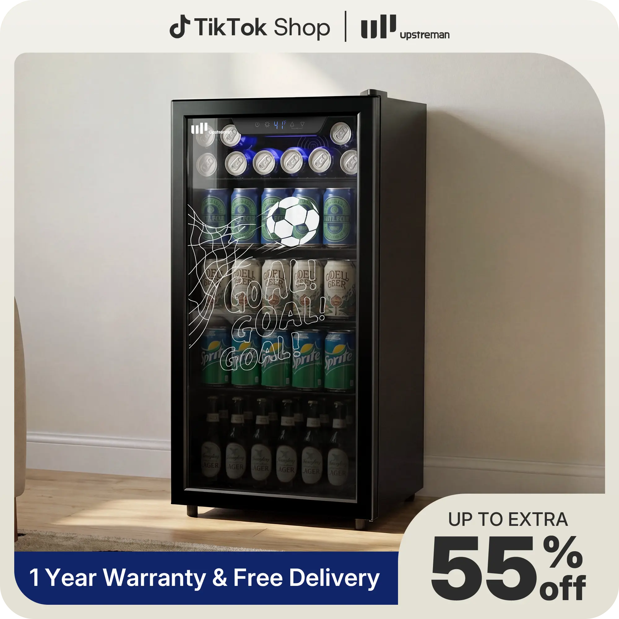 Upstreman Compact Beverage Refrigerator Cooler - 0.4-3.2 Cu.Ft Mini Fridge with Glass Door, Adjustable Temp Control, LED Lighting, 126-Can Capacity, for Home & Bar, Black-B126, Drink Refrigerator
