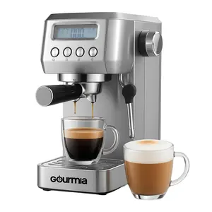 Gourmia Slim Espresso Machine with 20-Bar Pump, LCD & Milk Frother, Espresso at Home, Perfect for Beginners, Stainless Steel