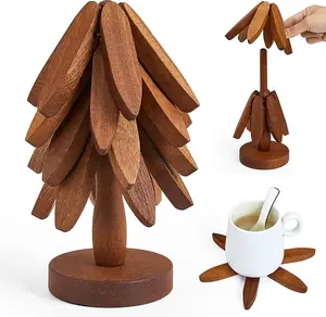 New Set of 4Potholders and 1Holder, Wooden Coasters for Hot Dishes,Kitchen Decorative Placemat, Christmas TreeShape, Foldable Kitchen Decoration, Perfectfor Pots, Bowls, Coffee Cups, Teapots and HotPots