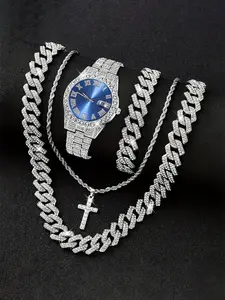 4-piece Hip Hop Miami Cuban Chain Set Necklace+Watch+Bracelet Creative Ice Glitter Trendy Fashion Matching Jewelry Set, unisex