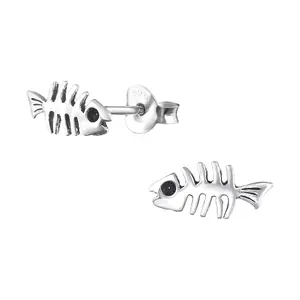 Fishbone Stud Earrings - Pair - Oxidized 925 Sterling Silver