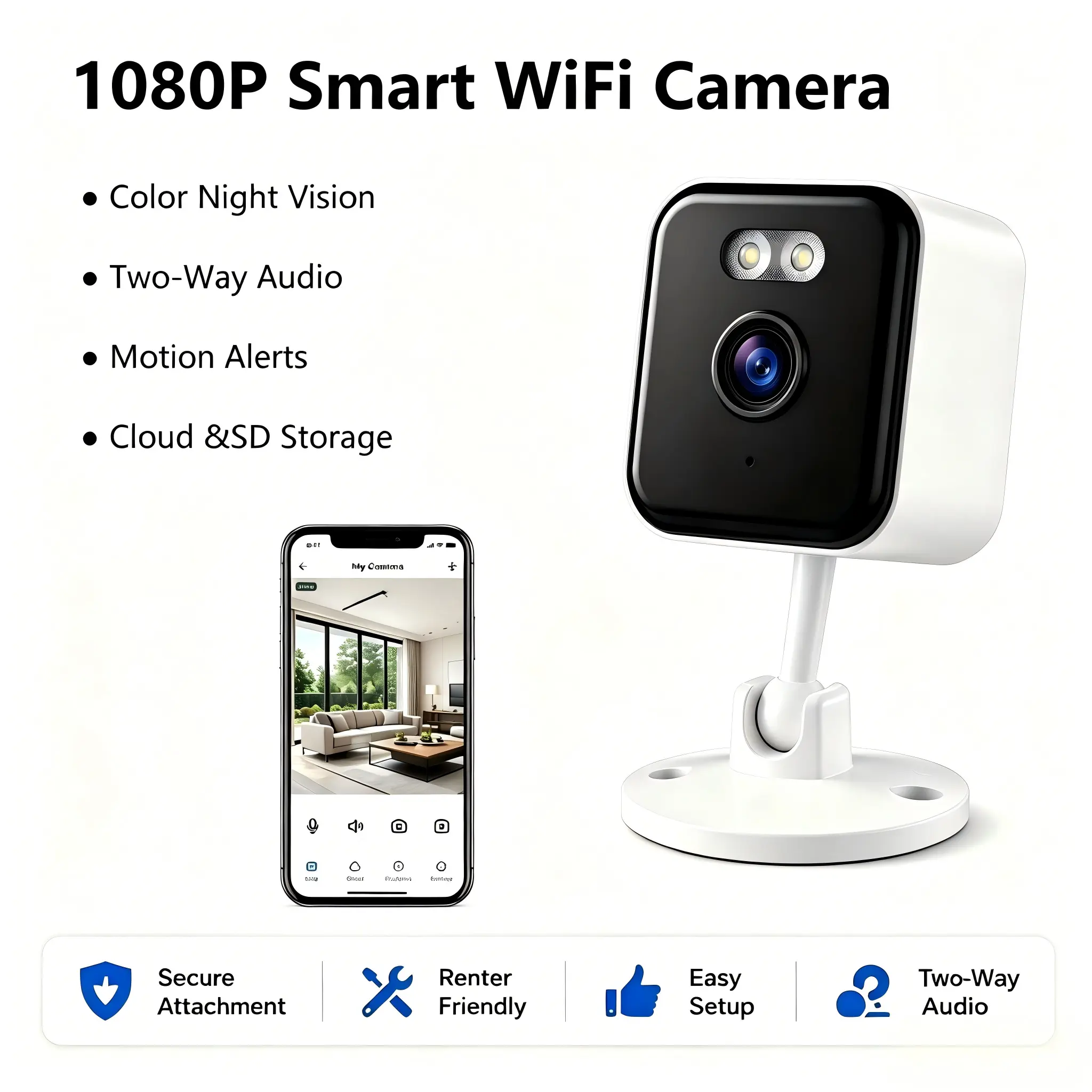 1080P WiFi HD Security Camera - Indoor/Outdoor Monitor with Color Night Vision, 2-Way Audio, Motion Alerts, Adjustable Stand