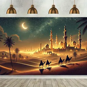 1pc Desert Night Sky Backdrop Banner - Moonlit Dunes with Camels and Mosque, Polyester Fabric Wall Decor for Living Room, Bedroom, Office, or Outdoor Party, No Electricity Required, 8.0x6.0ft, Desert Decor