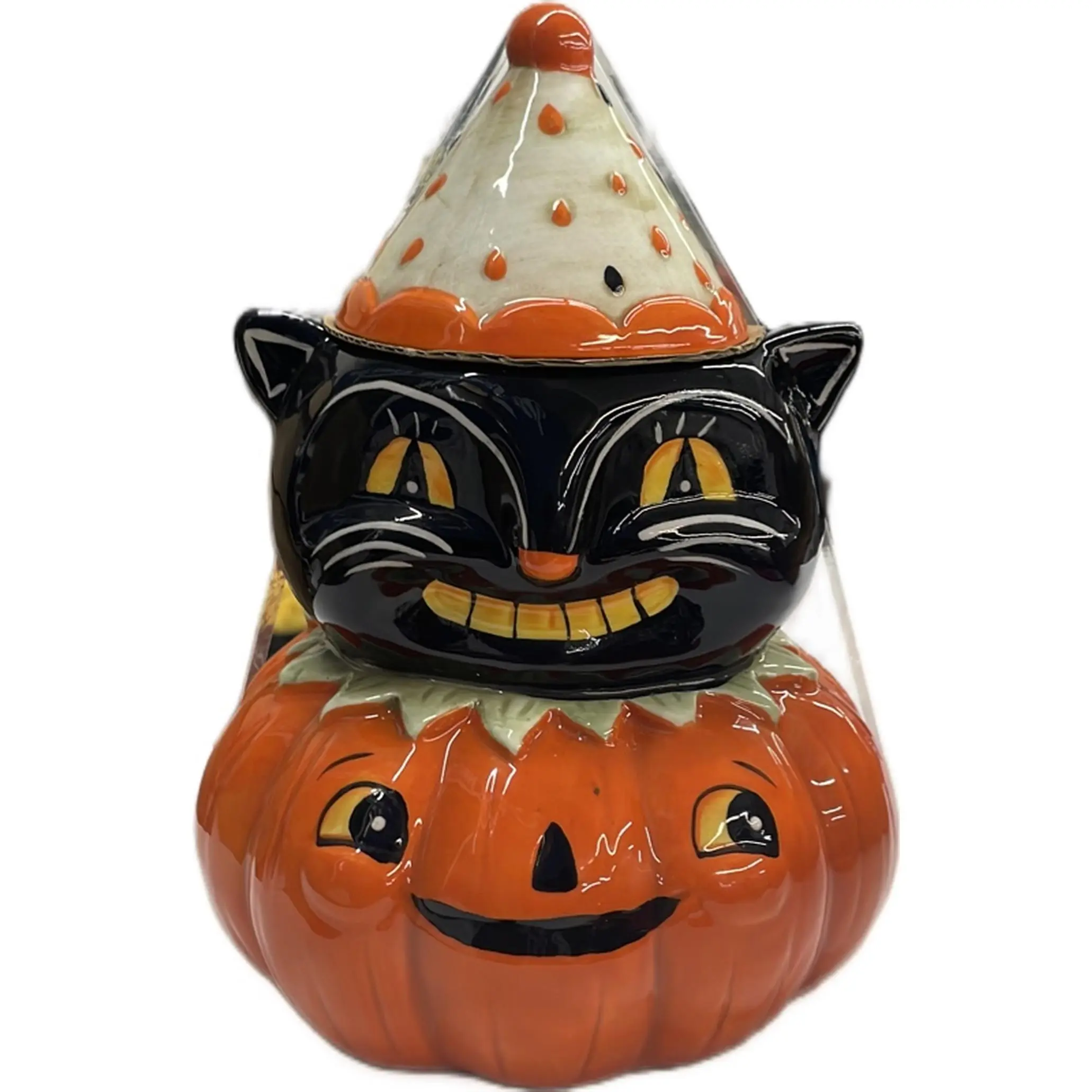 Joanna Parker Cat Cookie Jar - Halloween Design with Black Cat and Pumpkin Motif for Festive Baking Storage