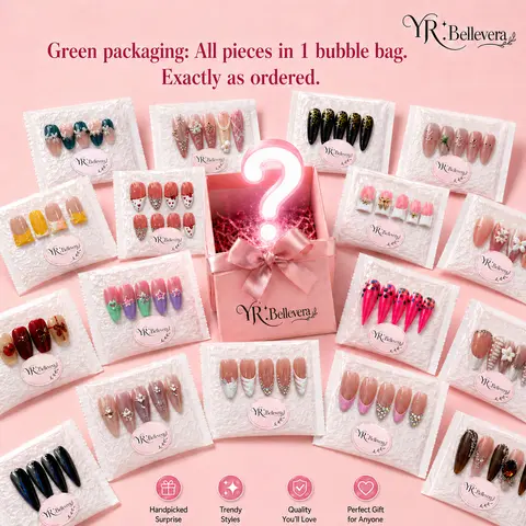 Women's YR Handmade Press on Nails Kit Set - 3D Floral Design, Mixed Duck-Almond Shapes, Shimmery Glossy Reusable Fake Nails, 8 or 15 Pairs, XS-L Sizes, Gift Box Included, 1 Set for Wedding-Day Glam, Brunch to Weddings Occasions