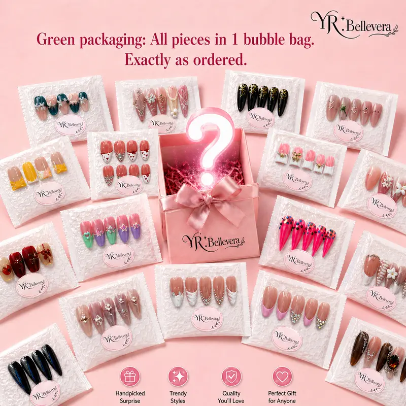 Women's YR Handmade Press on Nails Kit Set - 3D Floral Design, Mixed Duck-Almond Shapes, Shimmery Glossy Reusable Fake Nails, 8 or 15 Pairs, XS-L Sizes, Gift Box Included, 1 Set for Wedding-Day Glam, Brunch to Weddings Occasions