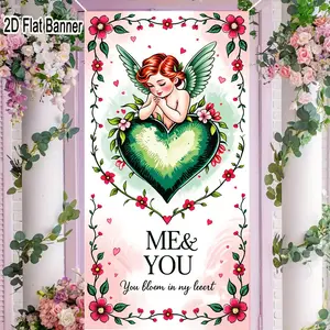 2D flat banner, 1pcRomantic ME&YOU Floral Heart Cherub Backdrop, Prayerful Valentine’s Day Decor with Pink Flowers & Green Leaves, Vertical Decorative Illustration for Social Media Banners