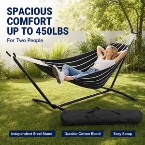 Double Hammock with Stand - Solid Steel Frame, Adjustable Double-Layer Cotton, 450 lbs Load, Thick Ropes, Portable Carry Bag, Ideal for Backyard, Patio, Camping, Porch, Black & White Striped