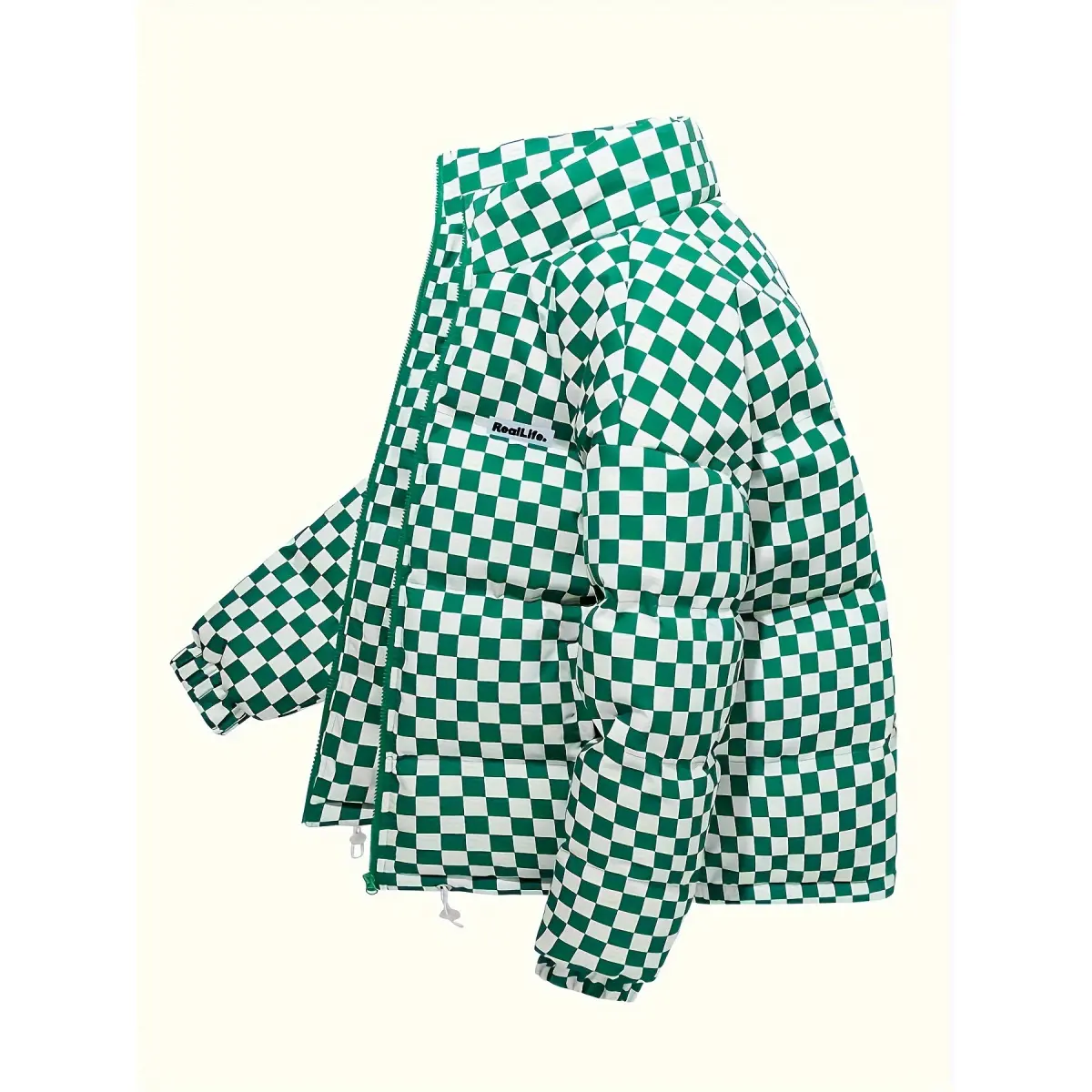 Men's Stylish Plaid Puffer Jacket - Casual Polyester Winter Coat with Stand Collar, Thick Warm Faux Down Outerwear, Menswear, Fabric, Small, Full Body Printing