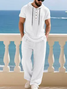 Men's Fashionable Linen Hooded Short Sleeve Henley Shirt & Long Pants Set, Casual Fall, American Style, Loose Fit