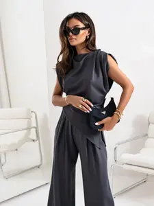 Slit Ruched Top and Wide Leg Pants Set