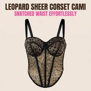 Sexy Leopard Corset Top for Women Mesh Bustier Lace Up Sculpting Shapewear with Detachable Straps