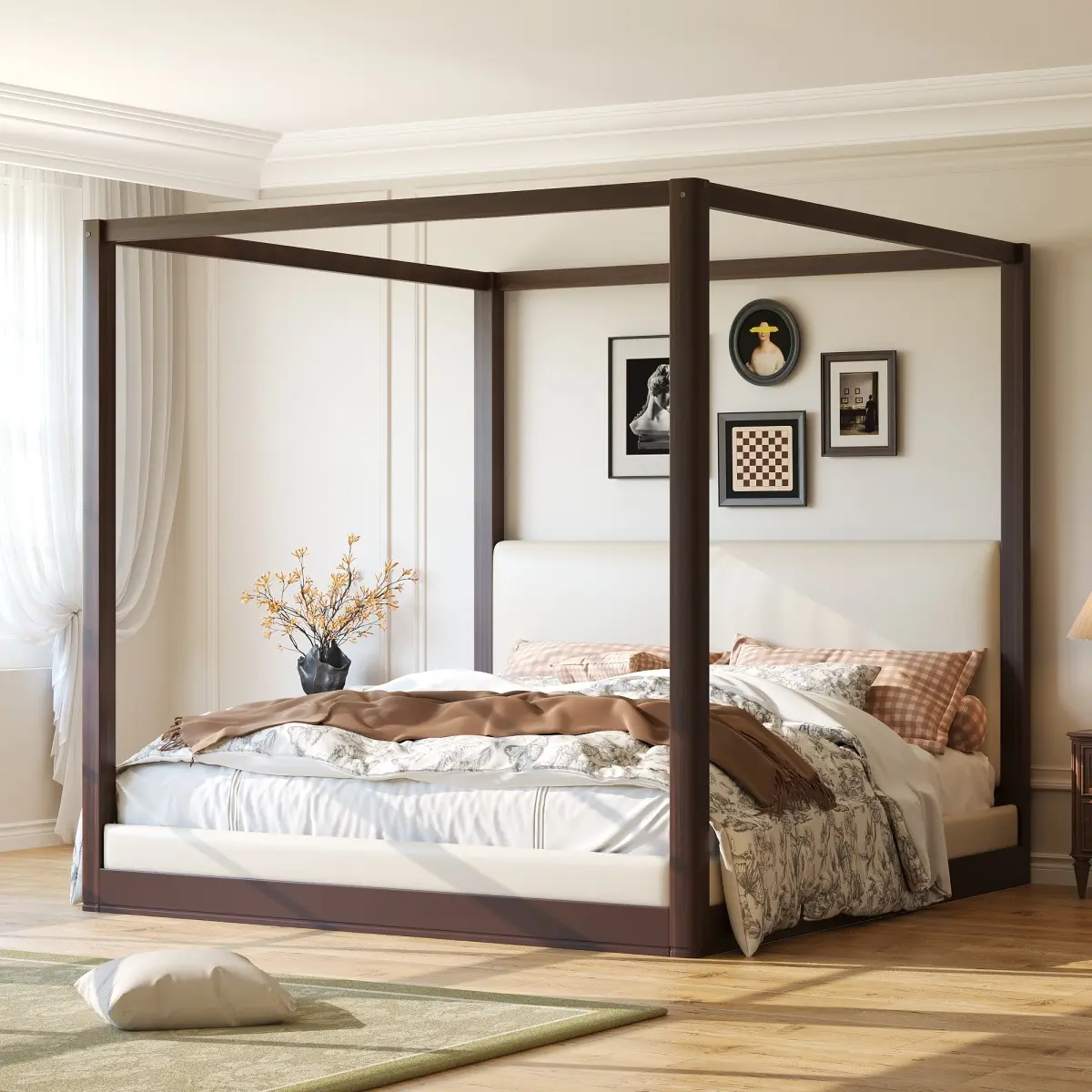 King Size Canopy Platform Bed Wood Frame with Upholstered Headboard, No Box Spring Needed, Espresso Frame+White Fabric