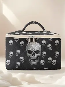 Skull Print Travel Makeup Bag, Portable Cosmetic Organizer, Travel Cosmetic Bags, Makeup Pouch, Large Capacity Toiletry Storage Box, Cute Fashionable Design, Halloween