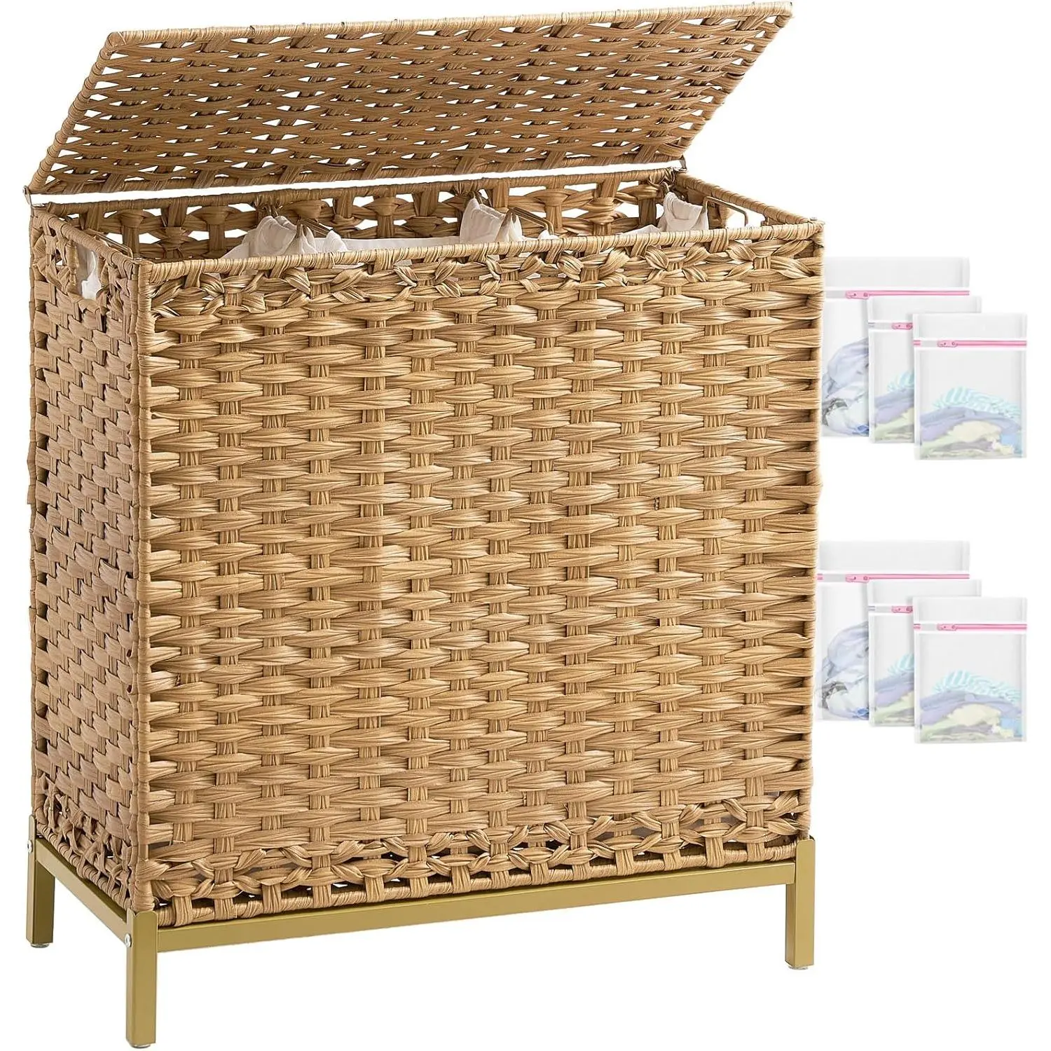 Laundry Hamper with Lid 132 L, (35 Gallons) Clothes Hamper with Lid, Handwoven Rattan Laundry Hamper with Metal Heightened , Laundry Hampers with 3 Removable Liner Bags for Laundry-