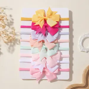 8-Piece Set Solid Color Six Ear Bow Tie Child Hair Bands, V-Shape Ribbed Satin Bow Tie Hair Accessories Sets, Kids Headwear