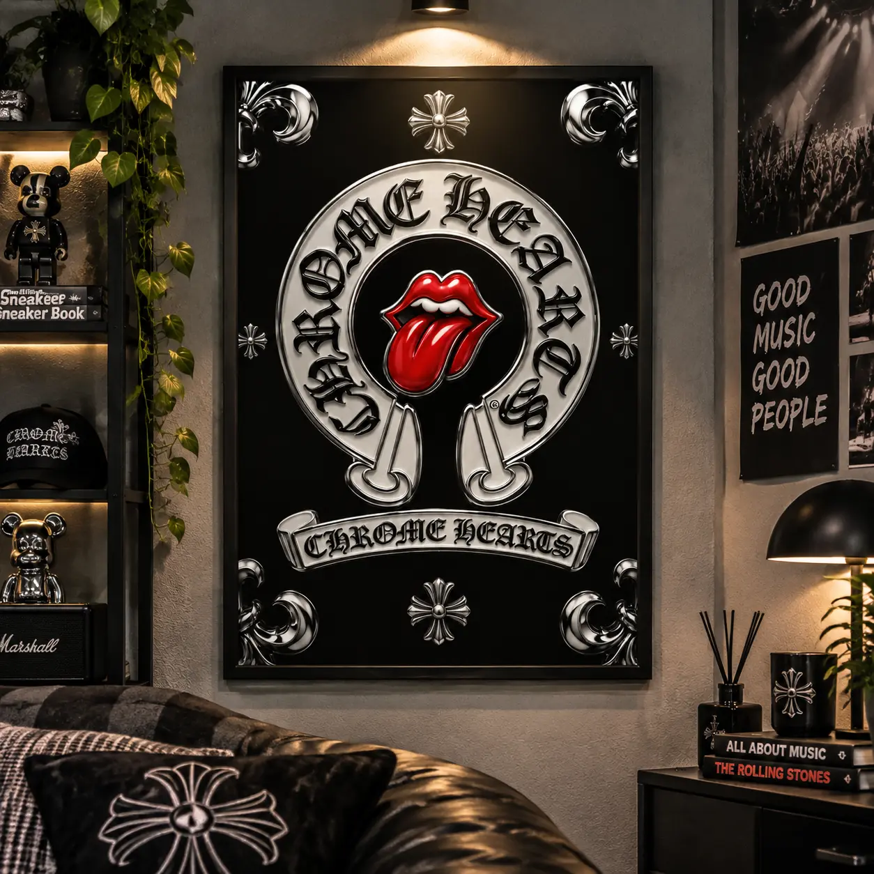 Gothic Cross Canvas Poster, Luxury Black Wall Art Print, Chrome Style Rock Decor for Bedroom, Studio, Office & Man Cave