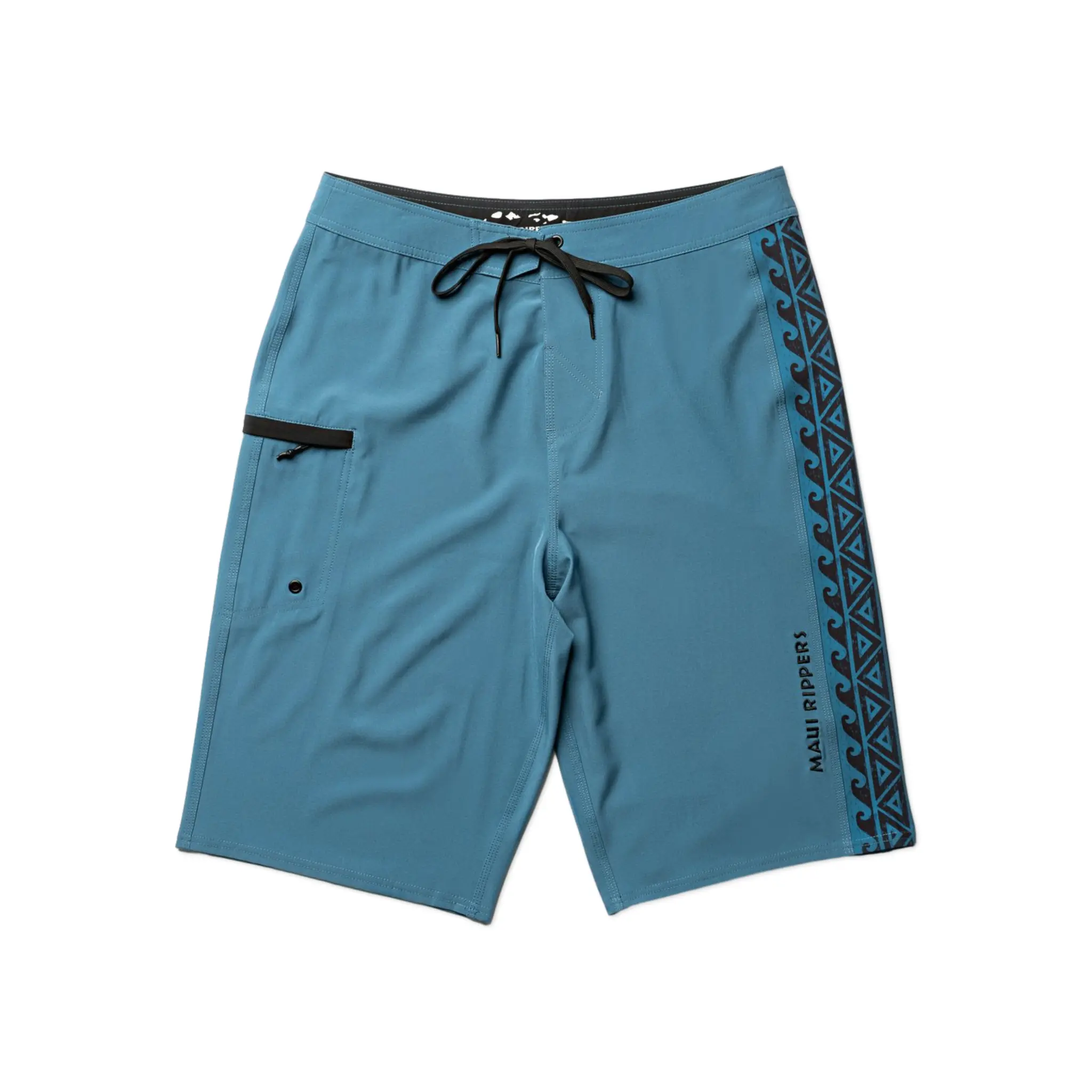 Maui Rippers Niho Mano Offshore Blue Extra Long 24" Boardshort - Quick-Dry 4-Way Stretch Fabric with Cargo Side Pocket & Shark Tooth Tribal Print