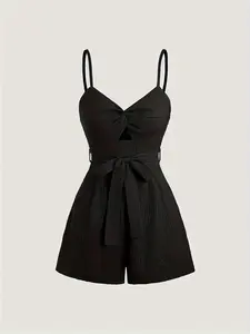 Women's Solid Color Tie Front Romper, Casual Fashion Zip Up Romper for Daily Wear, Ladies Clothes for All Seasons