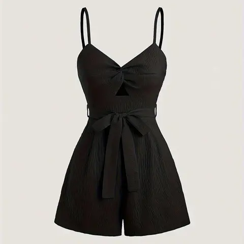 Women's Solid Color Tie Front Romper Casual Fashion Zip Up Romper for Daily Wear, Ladies Clothes for All Seasons, Self Tie Romper