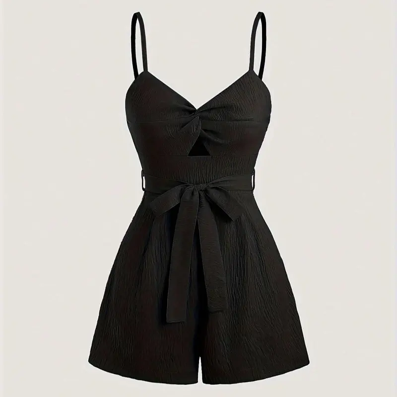 Women's Solid Color Tie Front Romper Casual Fashion Zip Up Romper for Daily Wear, Ladies Clothes for All Seasons, Self Tie Romper