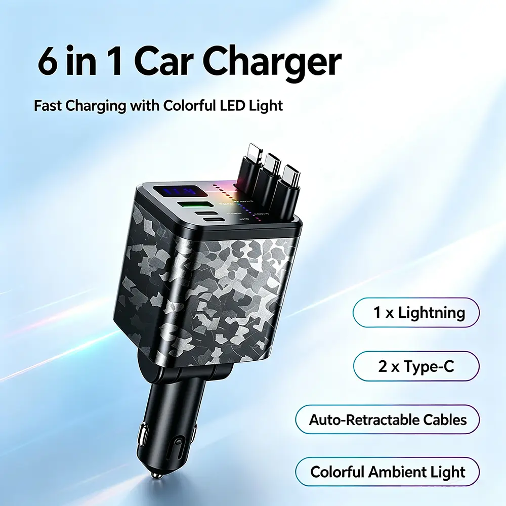 GYIOEUPT Modern 6-in-1 Car Fast Charger with 3 Retractable Cables, 180° Adjustable Arms, LED Digital Display, Multicolored Ambient Lighting, Compact Stylish Design, Left-Right Anti-Theft Fusible Signal Booster for iPhone & Type-C Devices automotive dual