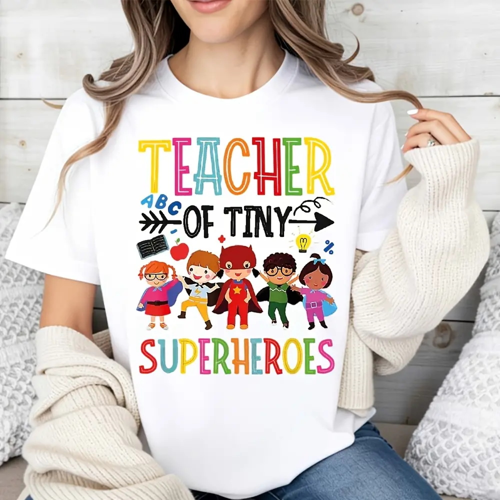 Women's Flat Simple Crew Neck Oversized Short-Sleeve Casual Breathable T-Shirt - Teacher Of Tiny Superheroes Print, Back To School Gift For Teachers, Gym-Ready, Loose-Fitting, 3XL, Love, Essential Tee, Quick-Dry Fabric, Care: Do Not Bleach, Hang Dry