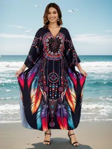 【Plus Size】 Ethnic Pattern & Feather Print Batwing Sleeve Cover Up, Boho Casual V Neck Split Side Cover Up, Women's Summer Swimwear for Beach Holiday, Beach Cover Ups, Sports Clothing, Beach Swimsuit Cover, Summer Swimming Cover, Swimwear Coverups