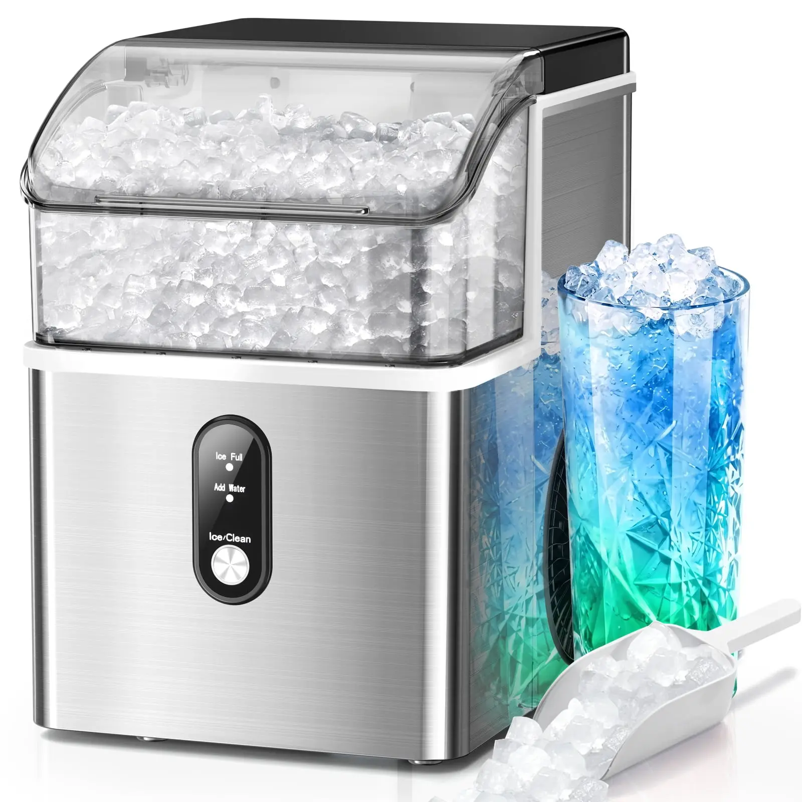 KISSAIR Nugget Ice Maker Countertop, 35lbs/24H with Self-Cleaning Function, Portable Sonic Ice Machine for Home/Office Stainless Steel,Sliver