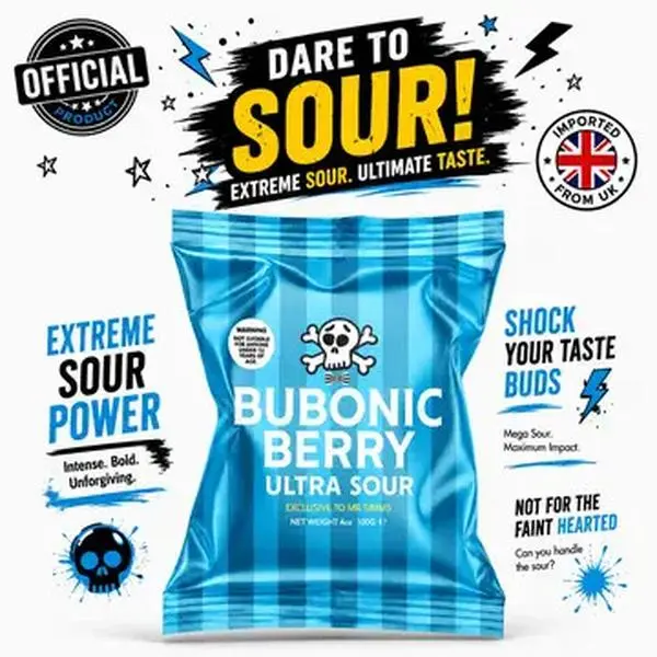 MR SIMMS Bubonic Berry Ultra Sour Sugar Candies - 3.5oz (100g) Bagged Bulk Candy, Made with Glucose Syrup, Citric Acid, Xanthan Gum, E133, Bold Unique Fruity Snacks for Mature Taste Buds, Not Suitable for Under 12s