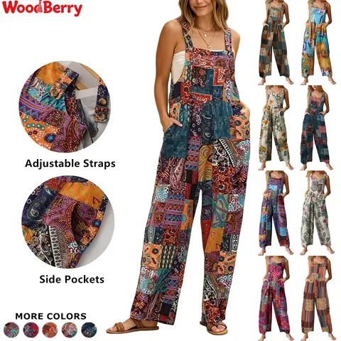 Women's Patchwork Bib Aztec Dungarees - Loose, Colorful Ditzy Floral Print Boho Cotton-Polyester Jumpsuit, Wide Leg Ankle Length, Button Front, Quick On-Off, Pockets, Cute Beach Dating Wear