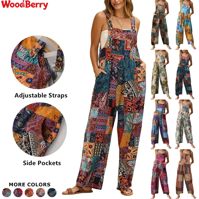 Women's Patchwork Bib Aztec Dungarees - Loose, Colorful Ditzy Floral Print Boho Cotton-Polyester Jumpsuit, Wide Leg Ankle Length, Button Front, Quick On-Off, Pockets, Cute Beach Dating Wear