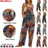Women's Patchwork Bib Aztec Dungarees - Loose, Colorful Ditzy Floral Print Boho Cotton-Polyester Jumpsuit, Wide Leg Ankle Length, Button Front, Quick On-Off, Pockets, Cute Beach Dating Wear