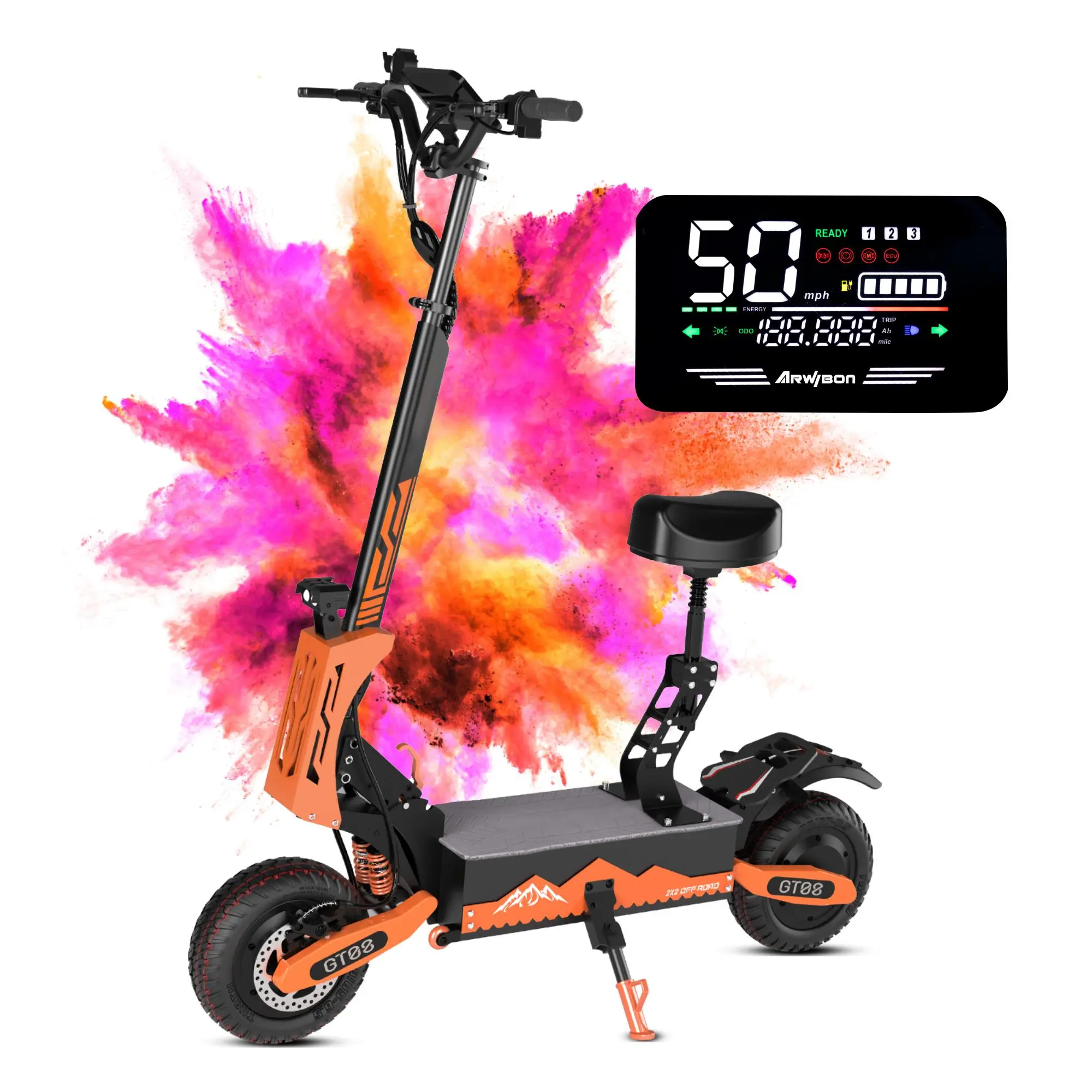 GT08 Adult Off-Road Electric Kick Scooter - 5600W Dual Motors, 50MPH Max Speed, Folding Design, 60V27AH Battery, 50Miles Range, Adjustable Seat, App Control, Foldable Scooter, High Speed Scooter