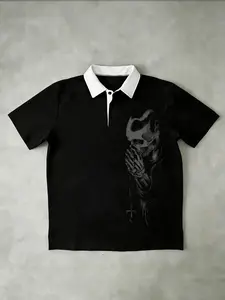 Gothic Skull Prayer Graphic Polo Shirt | Y2K Streetwear | Black Cotton Blend | Casual Hip Hop Fashion | Edgy Alternative Apparel for Men & Women | Retro Grunge Style | Comfortable Short Sleeve Collared Top | Dark Aesthetic Clothing for Punk, Metal