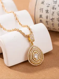 Fashion Luxury Zircon Multi-Layer Water Drop Geometric Pendant Necklace, Stainless Steel Twisted Chain, Elegant Daily Wear Jewelry, Stackable Clavicle Chain
