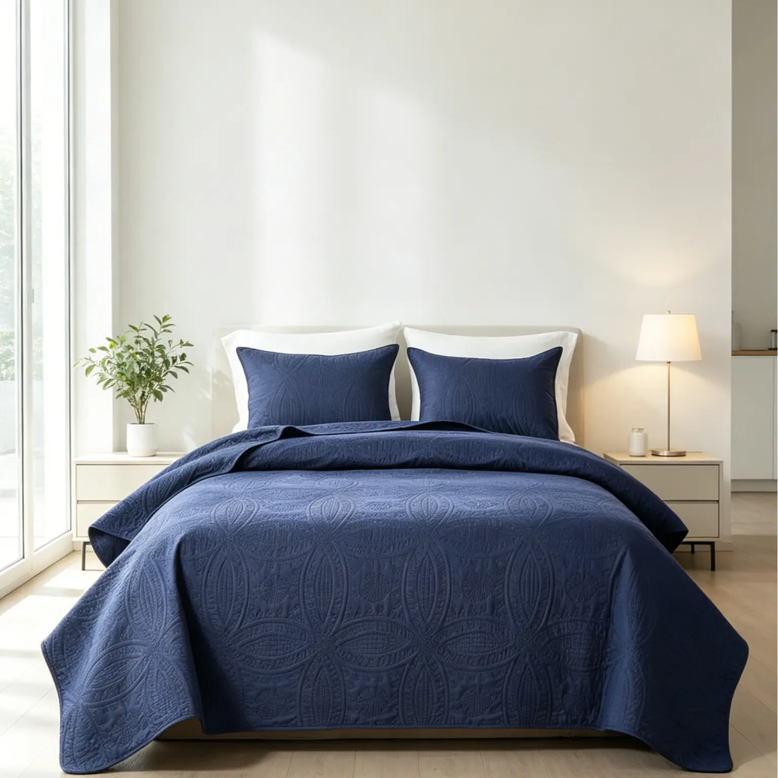 【Deals For You Days】Dark Blue Cotton Coin Pattern Queen Size 3-Piece Ultrasonic Bedding Set with Pressing Technology, Lightweight Soft Stitch-Free Modern Coverlet, All-Season Machine-Washable Quilt Set Bedspread Comforter, Bedding Comforter Set