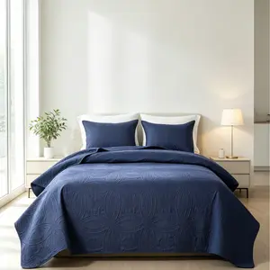 【Deas For You Days】Dark Blue Ultrasonic Quilt Set, 3 Piece Queen Size Bedding, Lightweight Soft Coverlet, Stitch-Free Modern Bedspread for All Seasons, Machine Washable