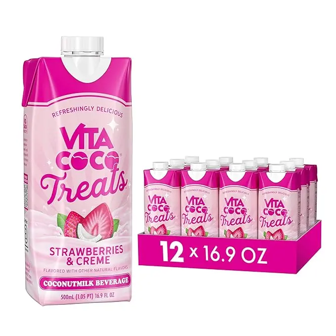 Vita Coco Treats Strawberries & Cream Coconut Milk Drink Sweet Refreshing Treat Lower Sugar Pink Drink Alternative 16.9 fl oz Pack of 12 Dairy Calcium