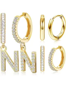3 Pairs Initial Dangle Hoop Earrings for Women Cubic Zirconia Letter Huggie Earrings Alphabet Letter N