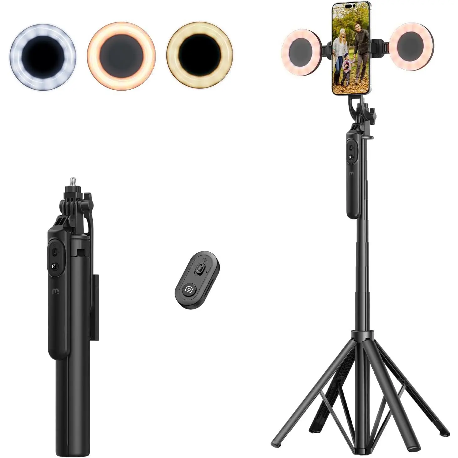3 in 1 Flexible Phone Tripod with  Reote,72" Tall Travel Tripod Stand w 1/4" Screw,Selfie Stick w Light for Photo Vlog, 360? Rotation Caera Tripod for  Android