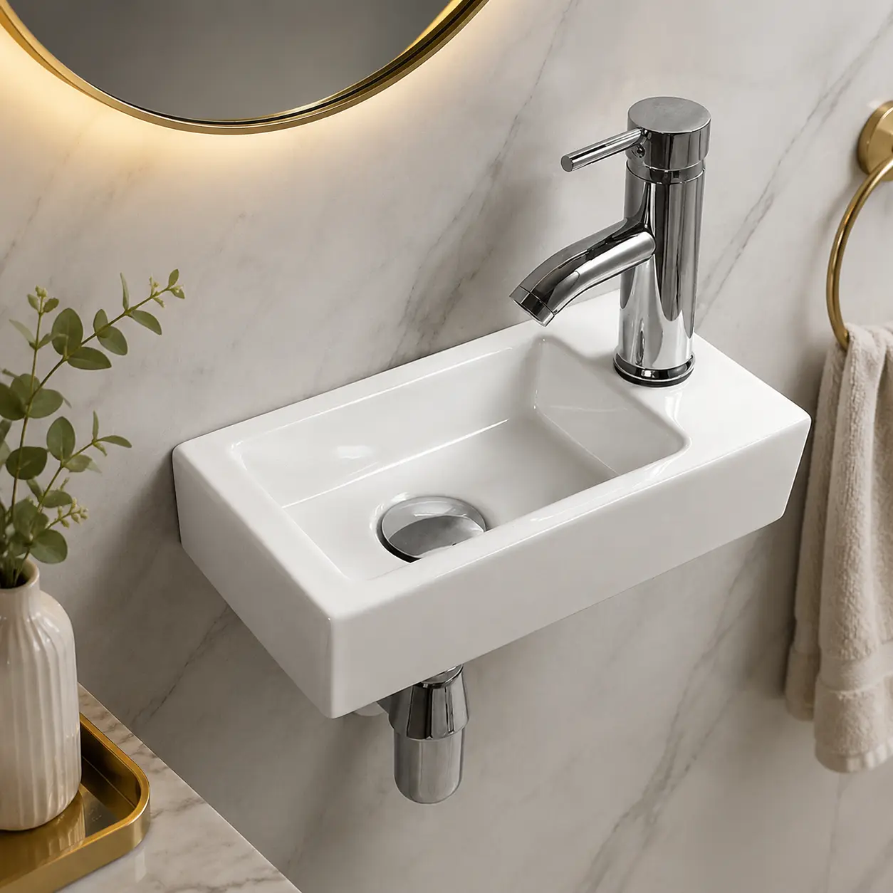 14.6in Square White Ceramic Wall-Mount Small Bathroom Sink - Right-Side Faucet Hole, Round Corners (Sink Only; Faucet & Drain Not Included) for Tiny Bathrooms