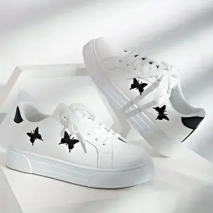 OLOEY Women'S White & Black Butterfly Print Casual Sneakers - Lightweight All-Season Low-Top Lace-Up Shoes with PU Cover Upper, PVC Sole & EVA Cushioned Insole, Round Toe & Arch Support - Versatile Everyday Sneakers for Women, Breathable Fabric Lining, Co