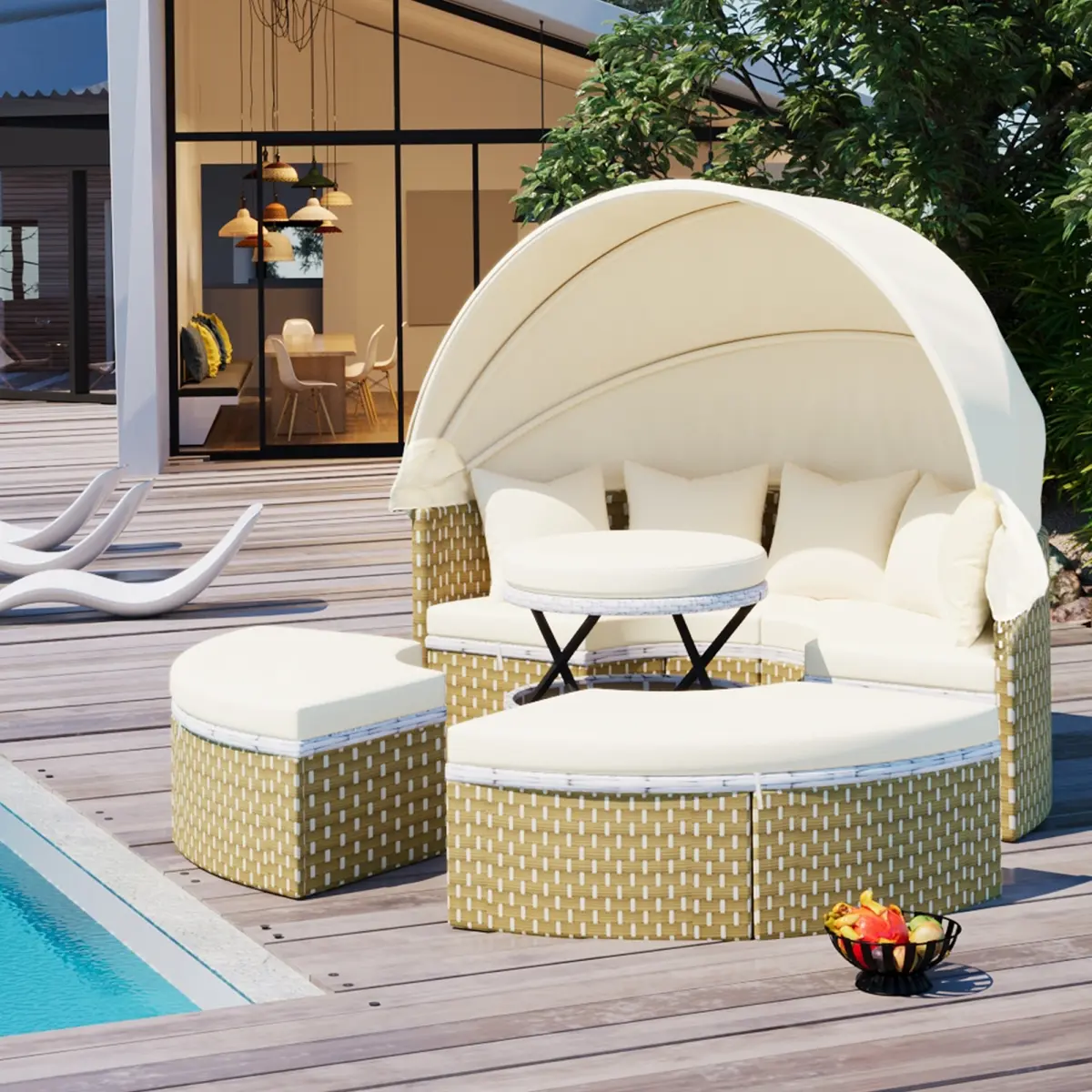 Direct Wicker UBS-SP100023AAA Outdoor Sectional Sofa Set Rattan Daybed Weave Sunbed with Retractable Canopy,Beige